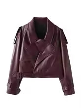 R&B | Bordeaux kurze Herbstjacke mit Ärmelgürteln