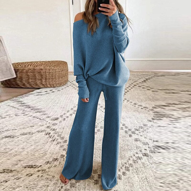 R&B - Schicker Herbst Ein-Schulter-Pullover und Lockeres Hosen-Set für Frauen