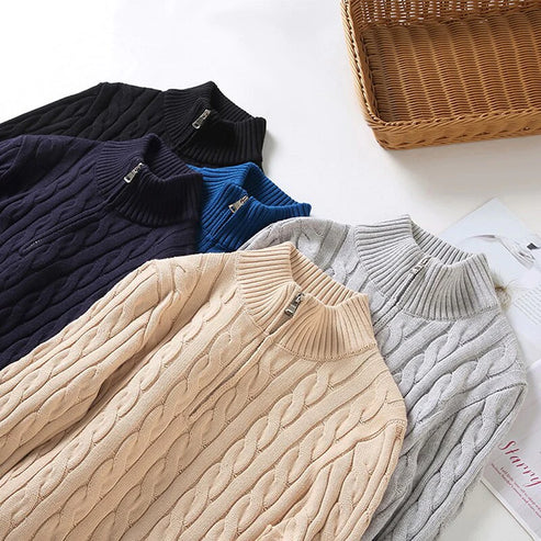 R&B | Pullover mit Zopfmuster und Halbem Reißverschluss - Eleganter Freizeit-Strickpullover