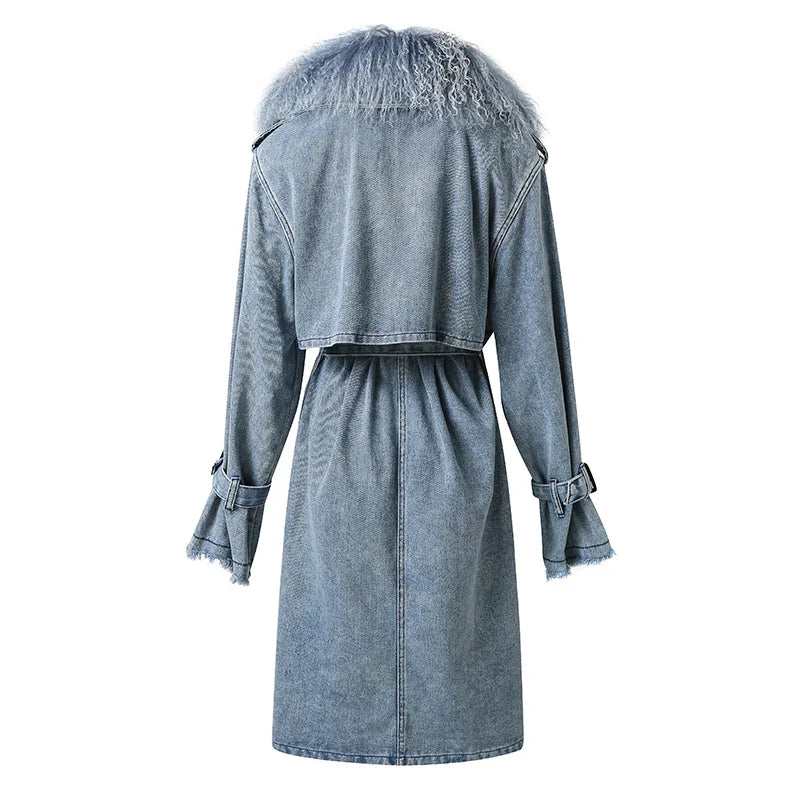 R&B | Lange Denimjacke mit Kunstfell Baumwollmix Modern und Elegant
