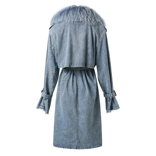 R&B | Lange Denimjacke mit Kunstfell Baumwollmix Modern und Elegant