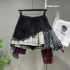 R&B | Jahrgang Unregelmäßig Patchwork Kariert Röcke Denim Kurz für Frauen Hohe Taille Eingewickelt Hüfte Mini Rock Sommer Weiblich