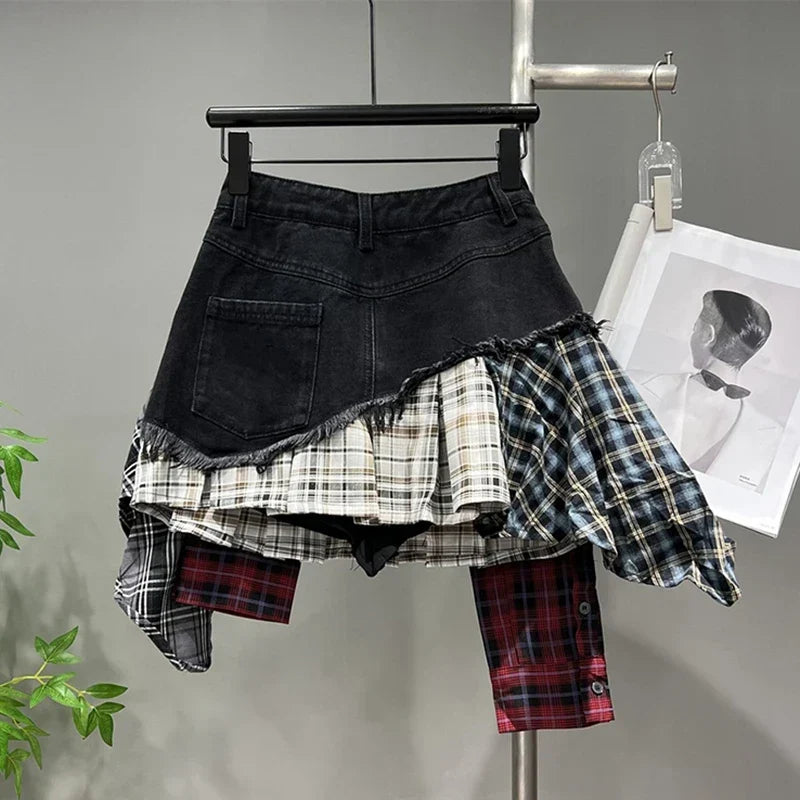 R&B | Jahrgang Unregelmäßig Patchwork Kariert Röcke Denim Kurz für Frauen Hohe Taille Eingewickelt Hüfte Mini Rock Sommer Weiblich
