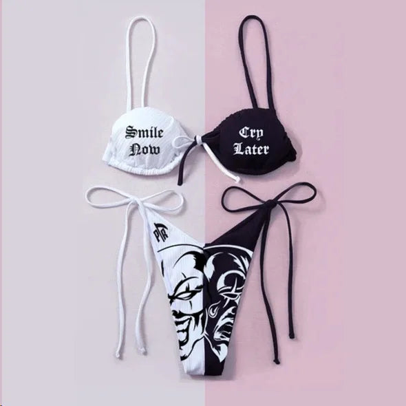 R&B | Sexy Goth Bikini Frauen Buchstaben Totenkopf Druck Badeanzug Split Badeanzug Hohe Taille Gotische Bikini Set Strandoutfits