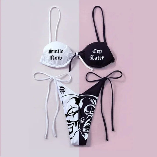 R&B | Sexy Goth Bikini Frauen Buchstaben Totenkopf Druck Badeanzug Split Badeanzug Hohe Taille Gotische Bikini Set Strandoutfits