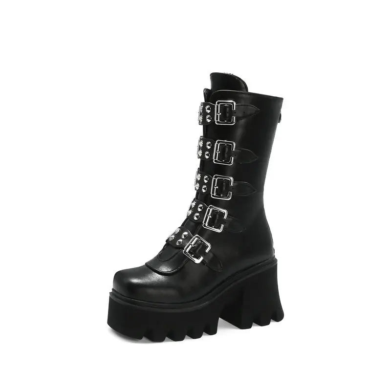 R&B | Gothic Schuhe Frauen Schwarz Hochstiefel Weiblich Hohe Absatz Frauen Combat Punk Chunky Dame
