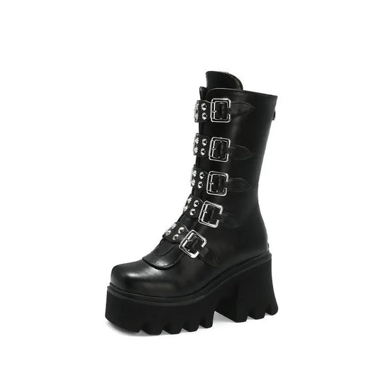 R&B | Gothic Schuhe Frauen Schwarz Hochstiefel Weiblich Hohe Absatz Frauen Combat Punk Chunky Dame