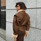R&B | Stylische Kunstlederjacke mit Teddy Futter und Schnürdetails