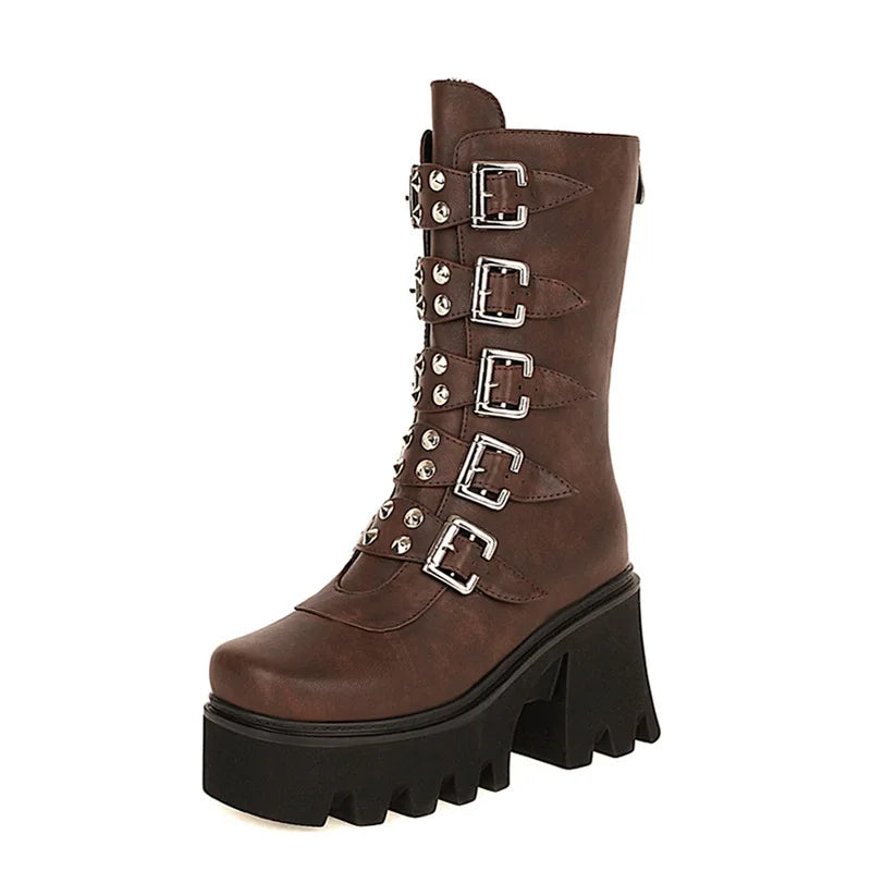 R&B | Gothic Schuhe Frauen Schwarz Hochstiefel Weiblich Hohe Absatz Frauen Combat Punk Chunky Dame