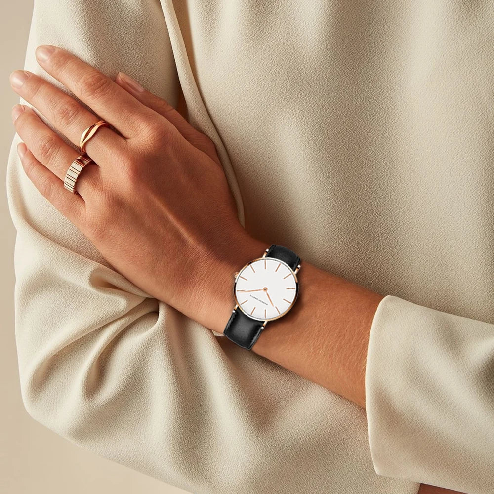 R&B | Runde Zeitlose Minimalistische Uhr mit Lederarmband für Frauen