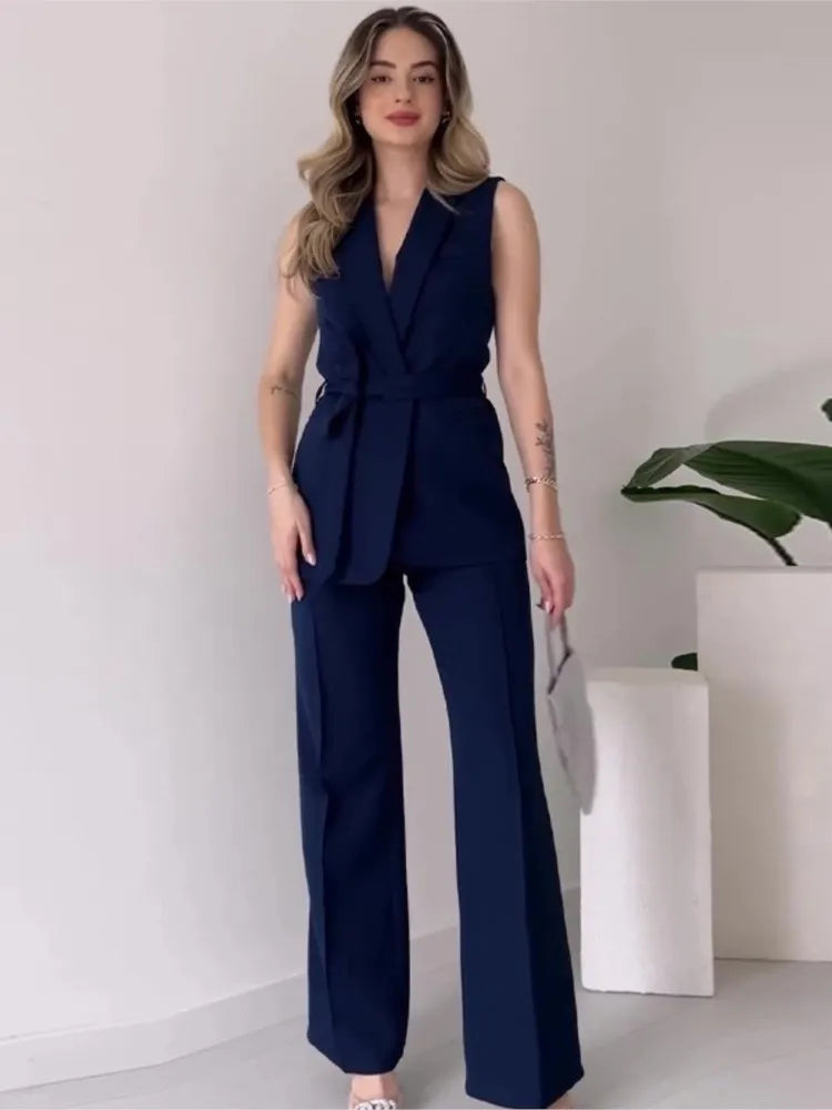 R&B | Ärmelloser Blazer-Anzug Taillierte Passform Wickel-V-Ausschnitt Weite Hose