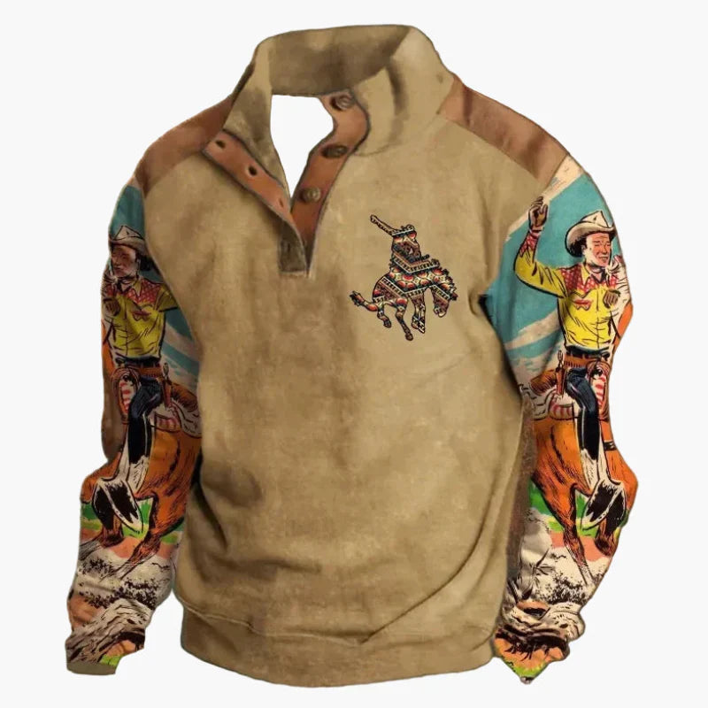 R&B | Retro Cowboy Sweatshirt mit Digitaldruck und Stehkragen - Western Casual Pullover für Outdoor und Freizeit
