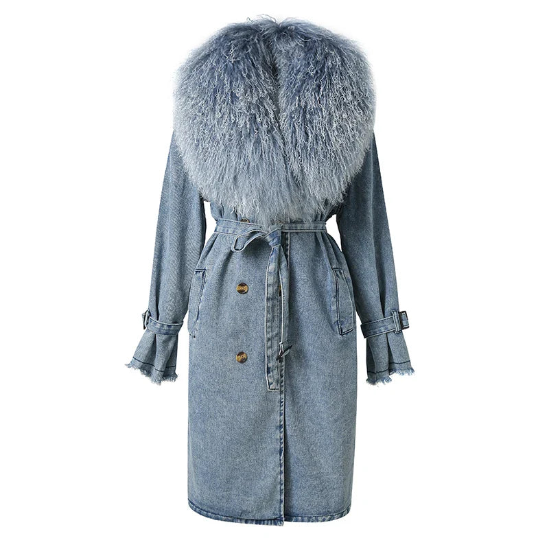 R&B | Lange Denimjacke mit Kunstfell Baumwollmix Modern und Elegant