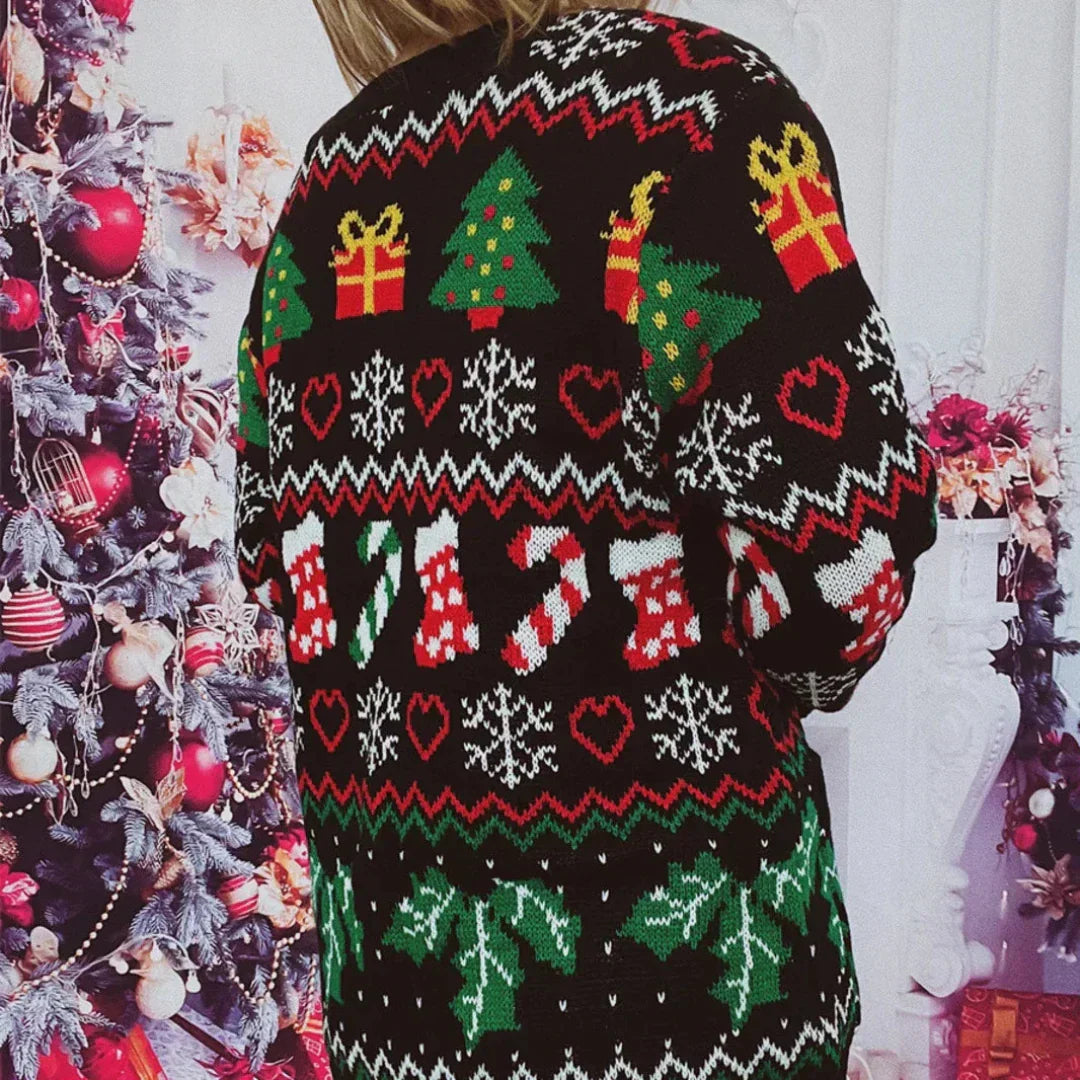 R&B | Strickjacke Strick Knopfverschluss Festliches Design mit Weihnachtsmuster V-Ausschnitt
