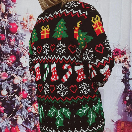 R&B | Strickjacke Strick Knopfverschluss Festliches Design mit Weihnachtsmuster V-Ausschnitt
