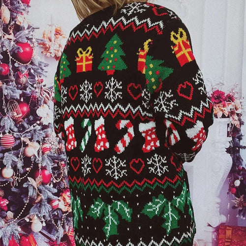 R&B | Strickjacke Strick Knopfverschluss Festliches Design mit Weihnachtsmuster V-Ausschnitt