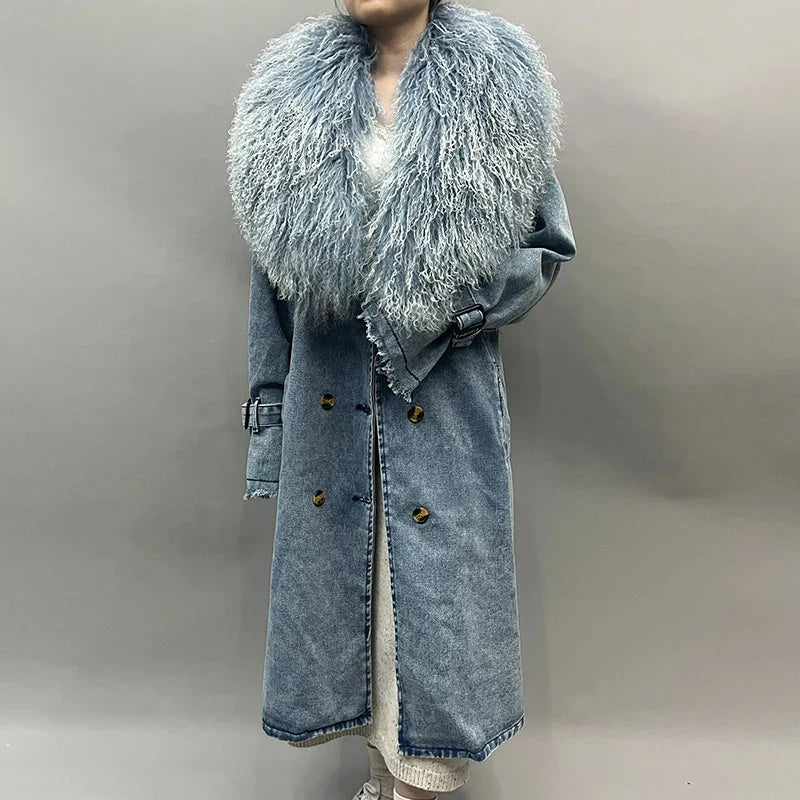 R&B | Lange Denimjacke mit Kunstfell Baumwollmix Modern und Elegant