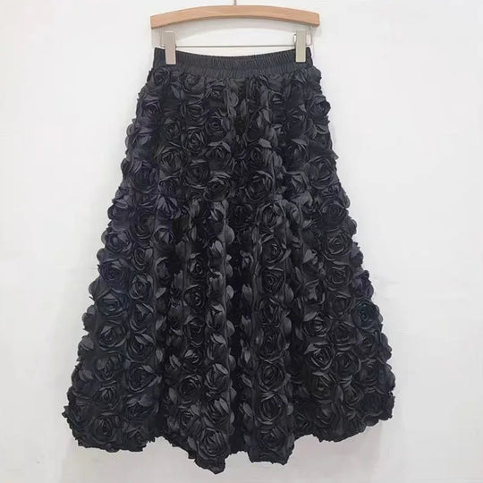 R&B | Herbst Neu Vielseitig Drei Dimensional Blumen Mittlere Falten Rock Hohe Taille Große Schwung Mode A-Linie Röcke Frauen