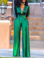 R&B Damen Jumpsuit mit V-Ausschnitt und Metallic-Optik