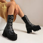 R&B | Gothic Schuhe Frauen Schwarz Hochstiefel Weiblich Hohe Absatz Frauen Combat Punk Chunky Dame