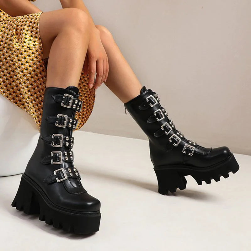 R&B | Gothic Schuhe Frauen Schwarz Hochstiefel Weiblich Hohe Absatz Frauen Combat Punk Chunky Dame