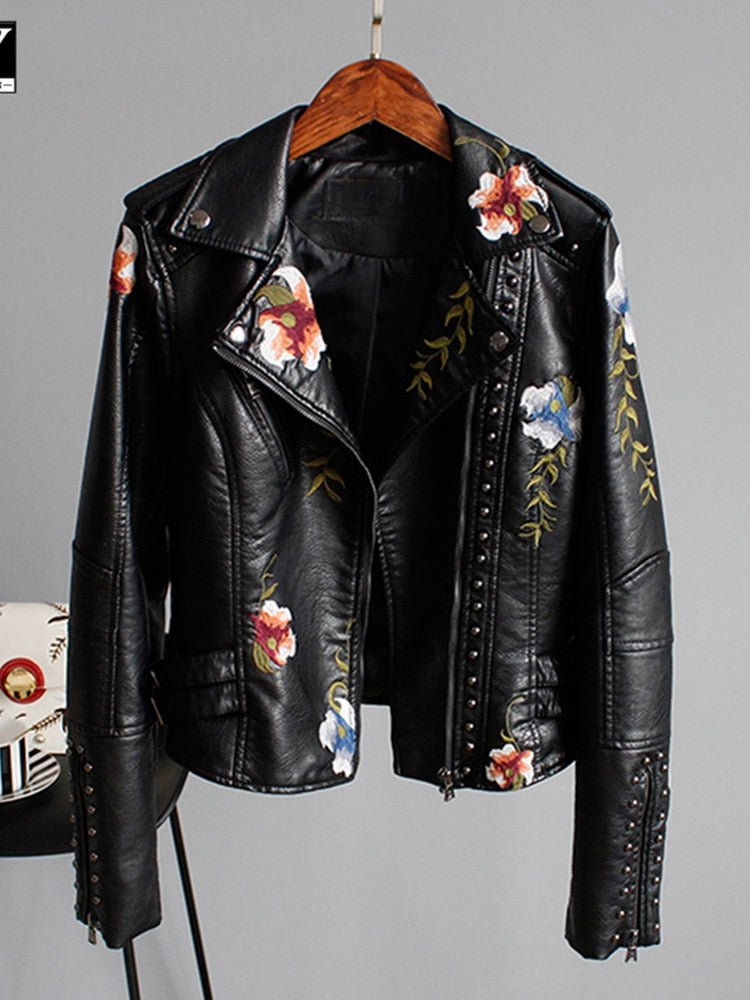 R&B | Damenlederjacke mit Eleganten und Schicken Bestickten Blumen