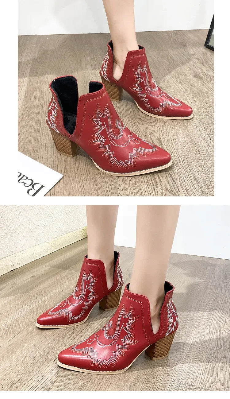 R&B | Damen Westernstiefel mit Blockabsatz und Retro-Stickerei