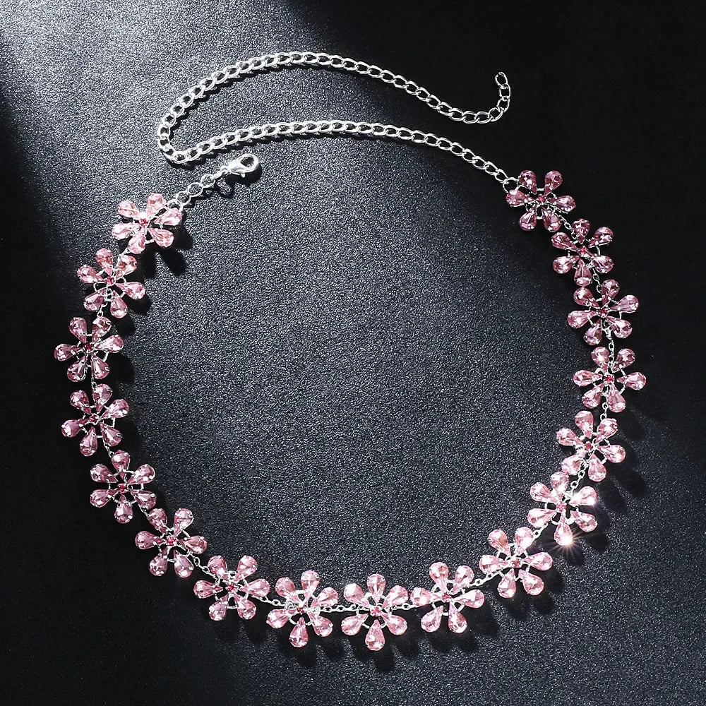R&B | Mode Pink Crystal Flowers Choker Necklace Statement Accessories Mode Frauen Rhinestone Collar Necklace Schlüsselbein Schmuck Ins