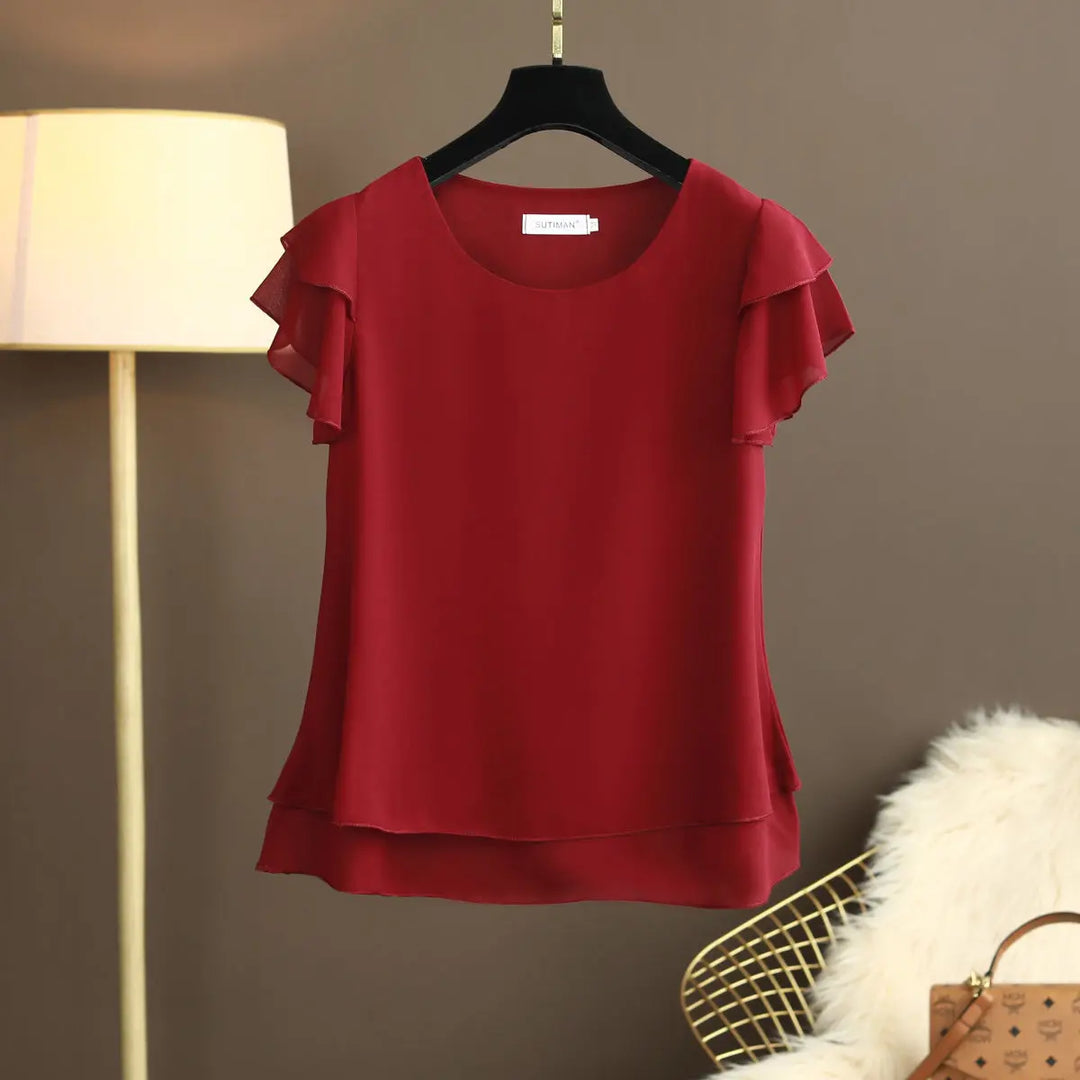 R&B | Chiffon Bluse mit O-Ausschnitt und Kurzen Ärmeln