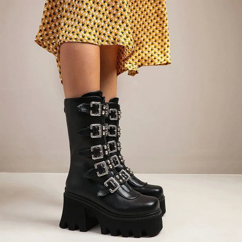 R&B | Gothic Schuhe Frauen Schwarz Hochstiefel Weiblich Hohe Absatz Frauen Combat Punk Chunky Dame