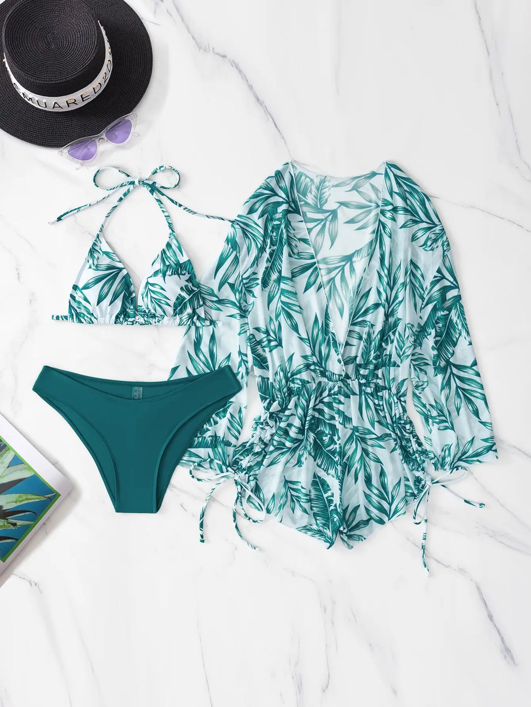R&B | 3 Stück Bikini Tropischer Druck Badebekleidung Halter Schnürseite Badebekleidung Frauen Badeanzug Weiblich Schwimmen Sommer Strandbekleidung