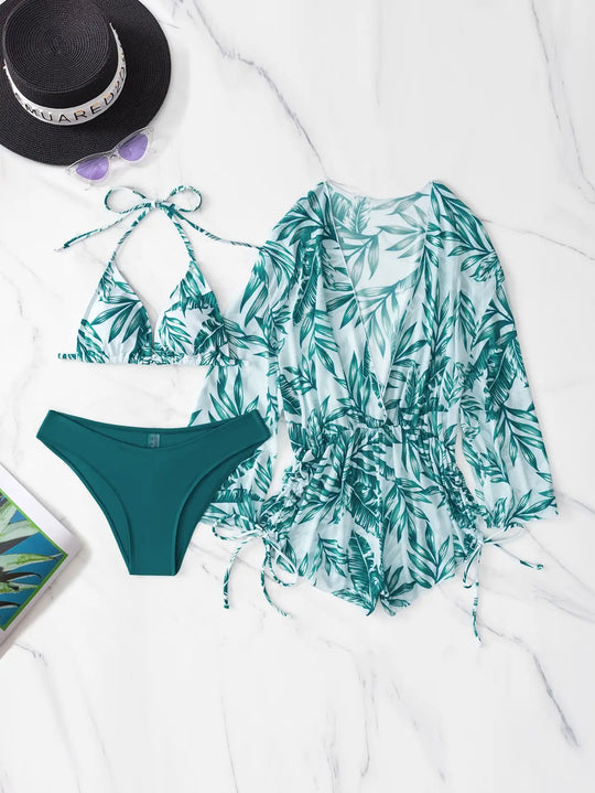 R&B | 3 Stück Bikini Tropischer Druck Badebekleidung Halter Schnürseite Badebekleidung Frauen Badeanzug Weiblich Schwimmen Sommer Strandbekleidung