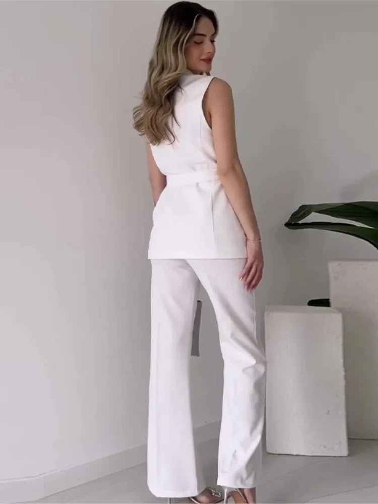 R&B | Ärmelloser Blazer-Anzug Taillierte Passform Wickel-V-Ausschnitt Weite Hose