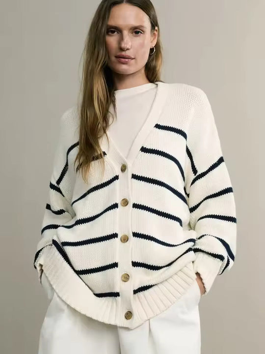 R&B | Übergröße Damen Cardigan mit Streifen und Knöpfen