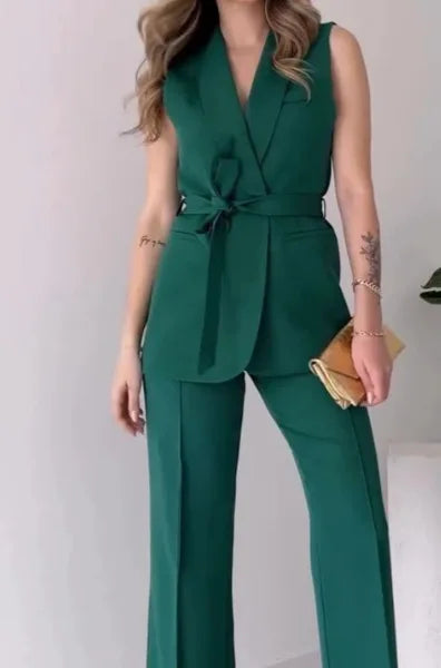 R&B | Ärmelloser Blazer-Anzug Taillierte Passform Wickel-V-Ausschnitt Weite Hose