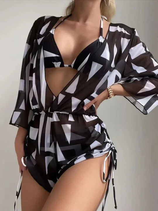 R&B | 3 Stück Bikini Tropischer Druck Badebekleidung Halter Schnürseite Badebekleidung Frauen Badeanzug Weiblich Schwimmen Sommer Strandbekleidung