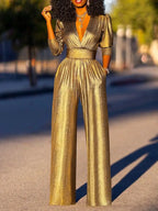 R&B Damen Jumpsuit mit V-Ausschnitt und Metallic-Optik