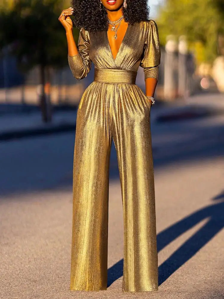 R&B Damen Jumpsuit mit V-Ausschnitt und Metallic-Optik