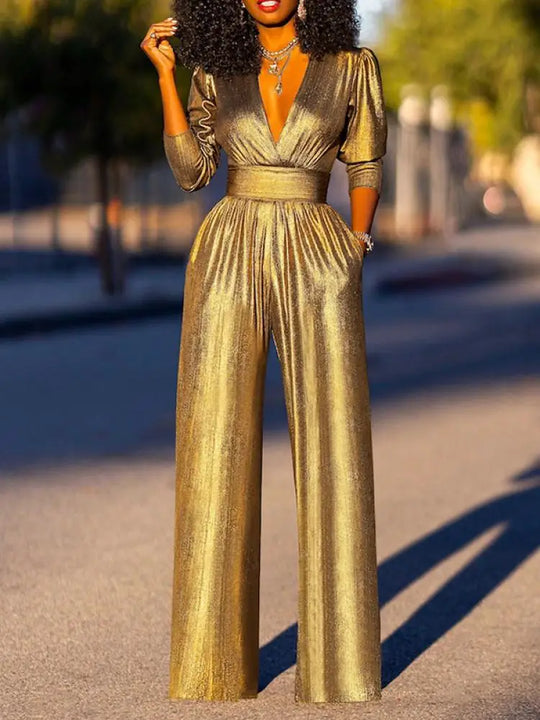 R&B Damen Jumpsuit mit V-Ausschnitt und Metallic-Optik