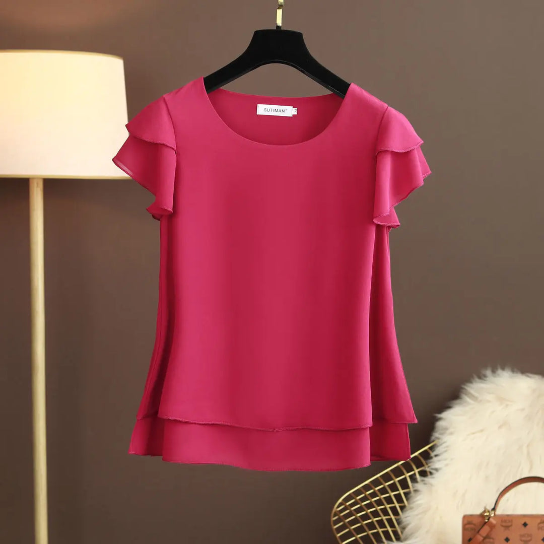 R&B | Chiffon Bluse mit O-Ausschnitt und Kurzen Ärmeln