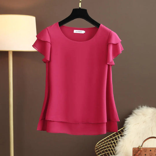 R&B | Chiffon Bluse mit O-Ausschnitt und Kurzen Ärmeln
