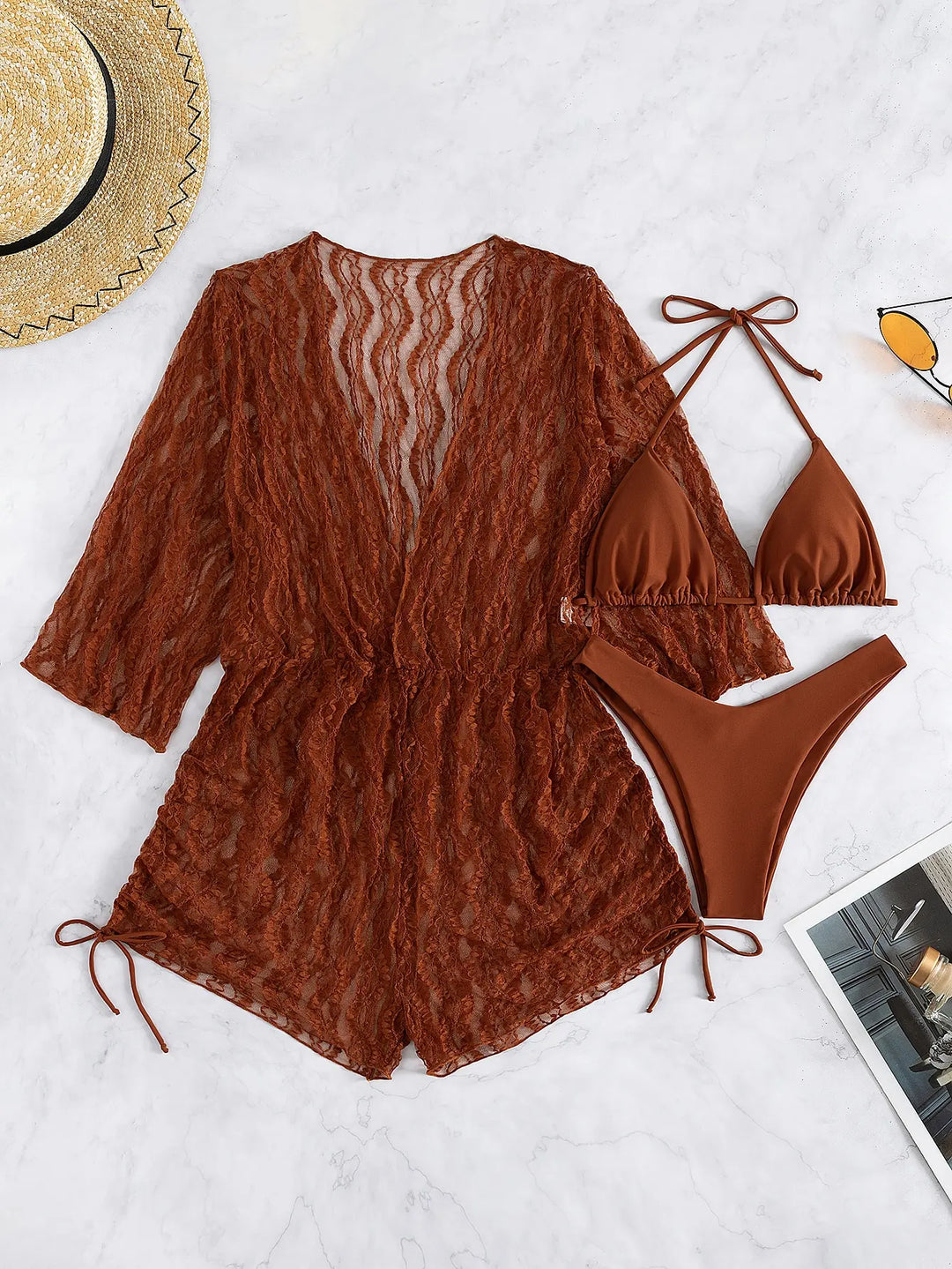 R&B | 3 Stück Bikini Tropischer Druck Badebekleidung Halter Schnürseite Badebekleidung Frauen Badeanzug Weiblich Schwimmen Sommer Strandbekleidung