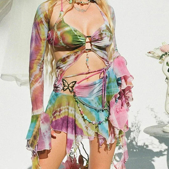 R&B | Mesh Schmetterling Crop Top und Minirock Tie Dye Y2k Satz
