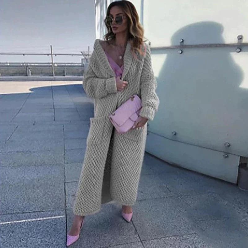R&B | Langer Strickcardigan Offene Vorderseite Grobstrick mit Großen Taschen