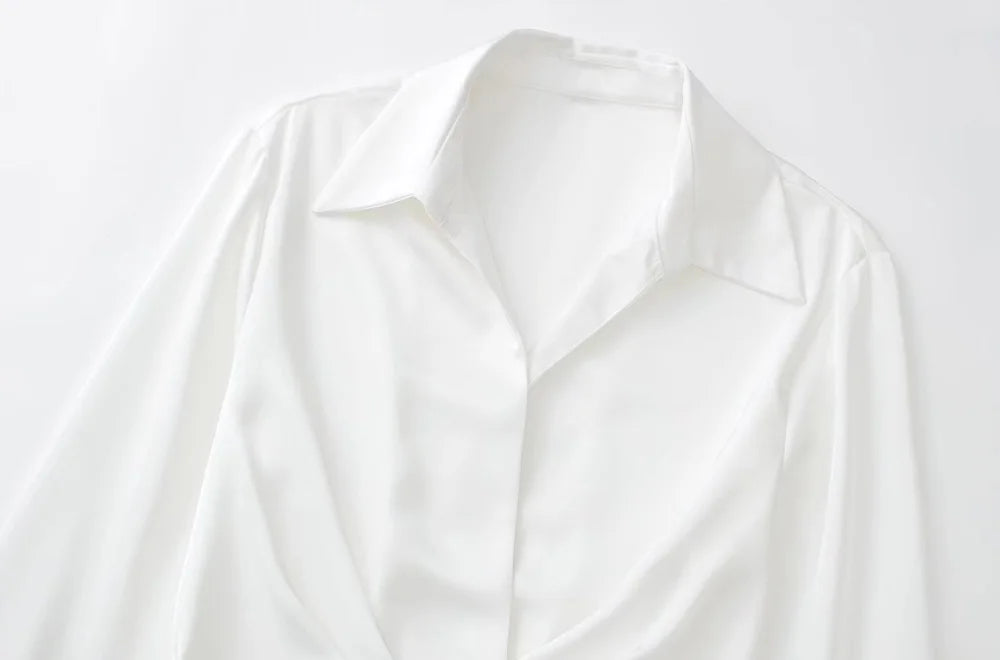 Damen Vintage V-Ausschnitt Lange Ärmel Satin Minikleid