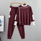R&B | Lässiges Herbst Strick Patchwork Oberteil und Hosen Set für Frauen