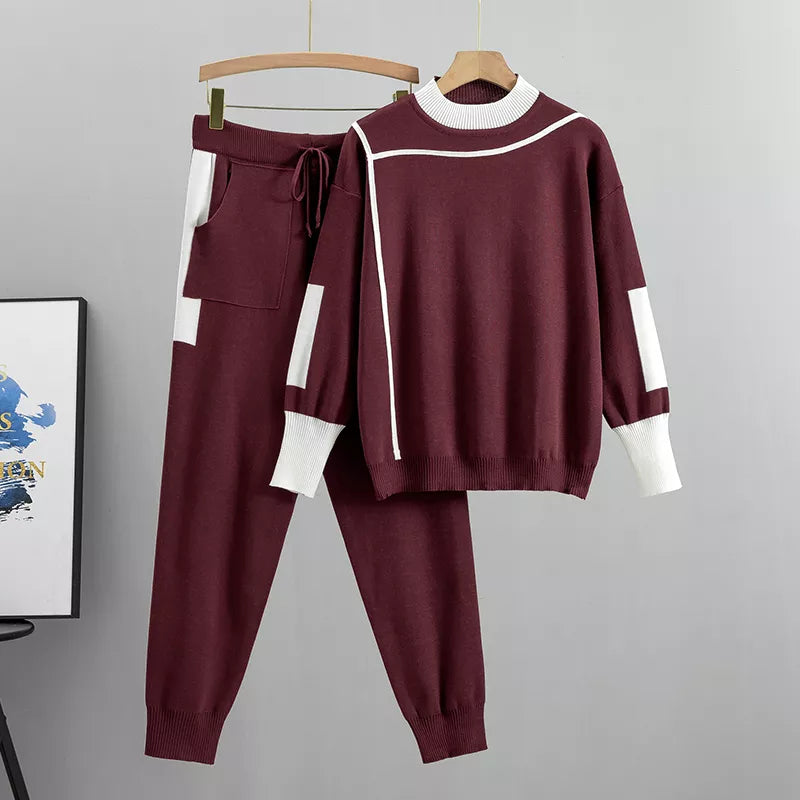 R&B | Lässiges Herbst Strick Patchwork Oberteil und Hosen Set für Frauen