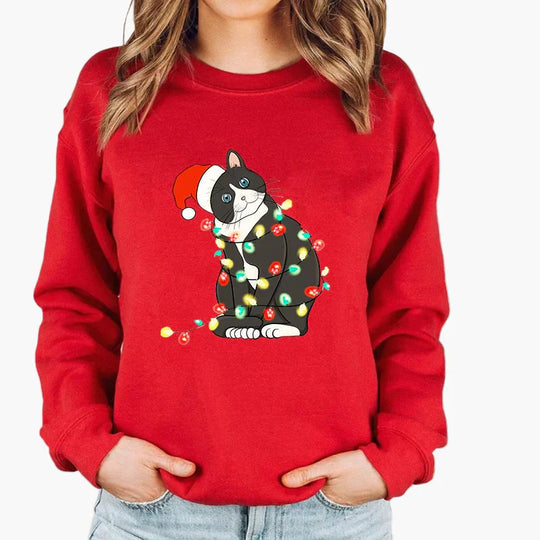 R&B | Weihnachtspullover mit Katze und Lichterkette - Lustiger Winter-Sweater für Katzenliebhaber