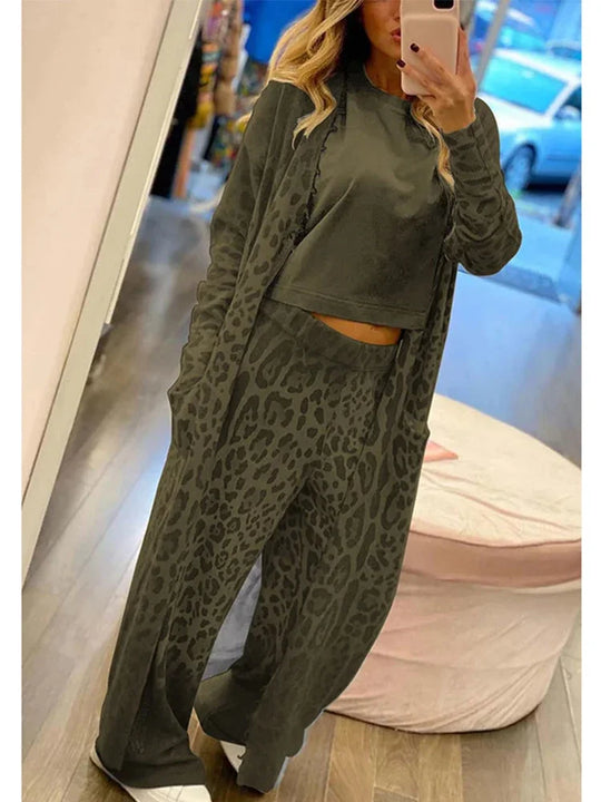 R&B | Leopardenprint Cardigan, Langarm Taschen und Gummizug Hosen Satz