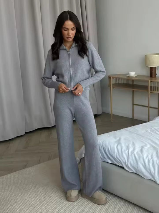 R&B | Damen 2 Teiliges Loungewear Satz mit Reißverschlussjacke und Weitem Hosen